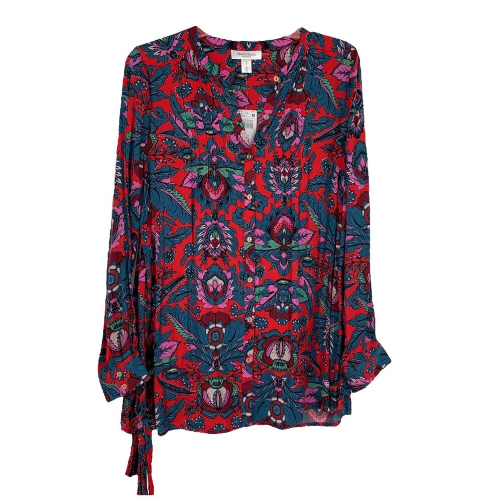 NWT Motherhood M Red Paisley Blouse Long Sleeve Button Cuff Front Vneck Belt